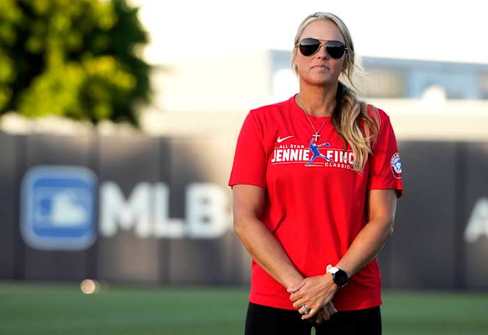 July 14: Jennie Finch looks on during Opening Ceremonies of the All-Star Commissioners Cup and Jennie Finch Classic at the MLB Urban Youth Academy in Compton on Thursday, July 14, 2022.